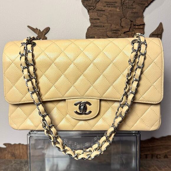 Chanel Beige Caviar Leather Classic Flap Med SHW Series 14 Full Set Authentic